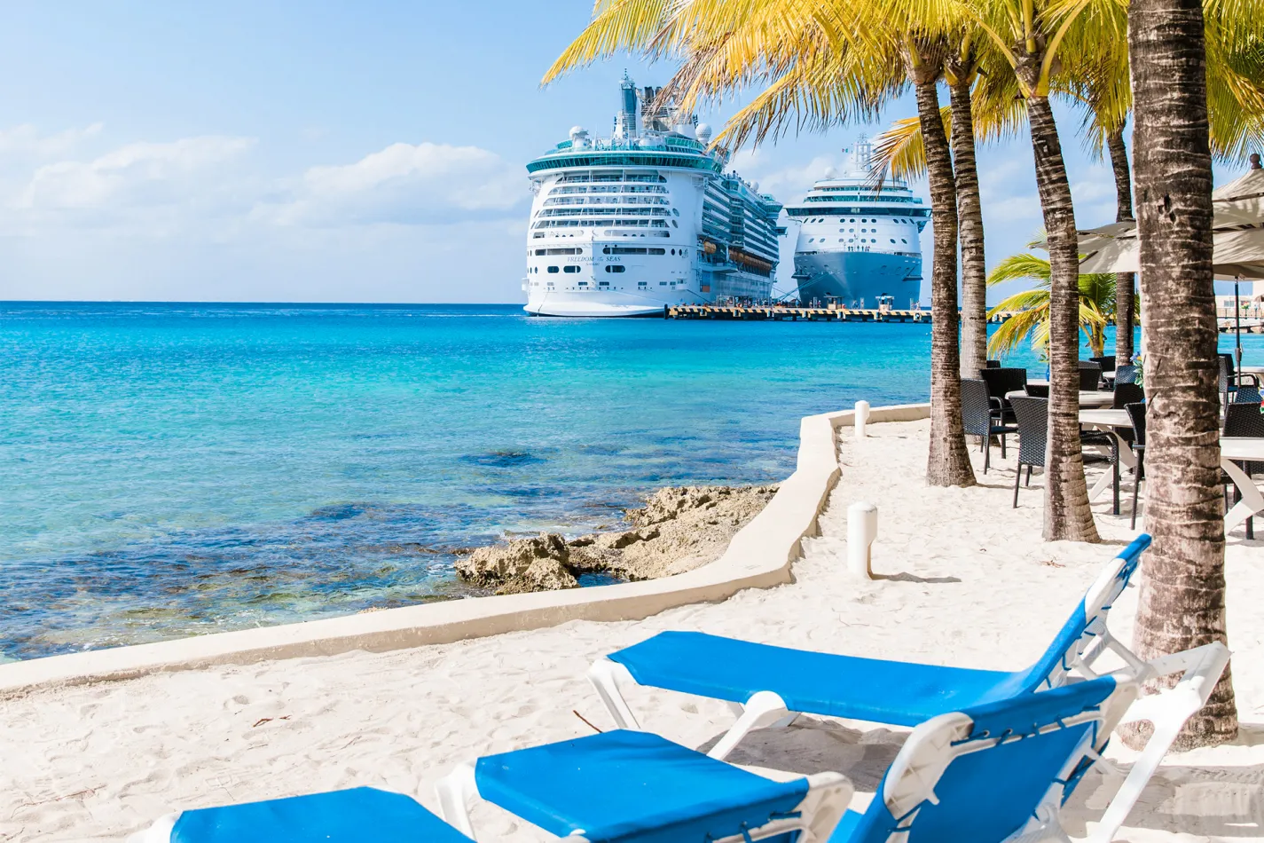 Lounge chairs and palm tress along the beach